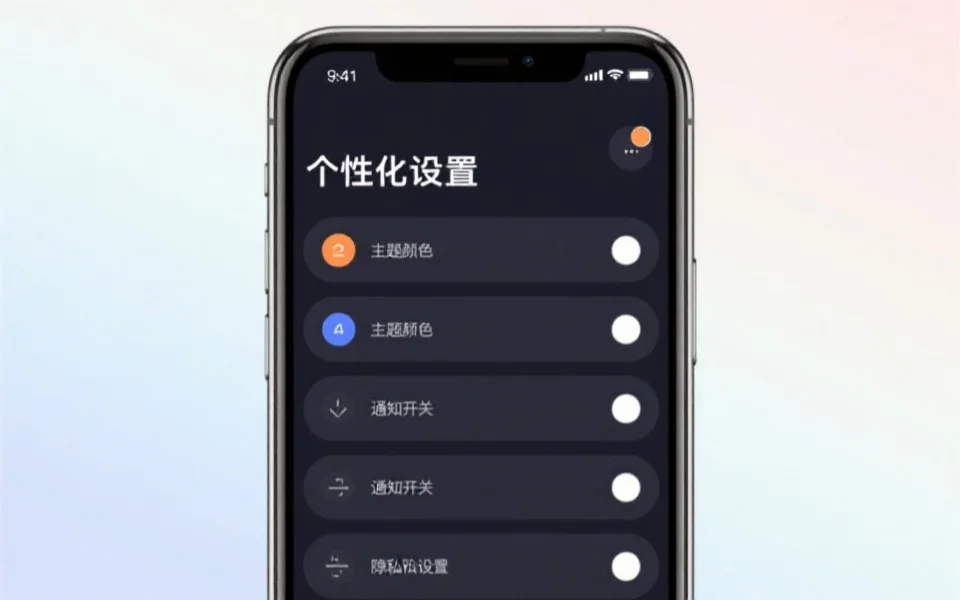 手机屏幕展示多个个性化设置选项，如主题颜色、通知开关和隐私设置，界面简洁明了